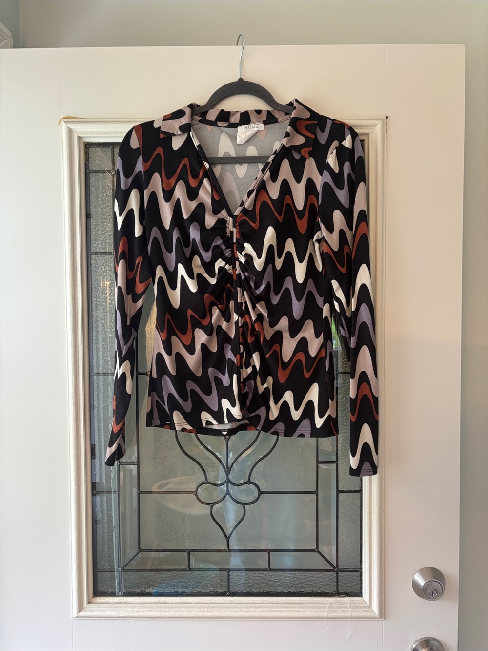 Persaya Black Multi Wave-Print Long Sleeve Blouse